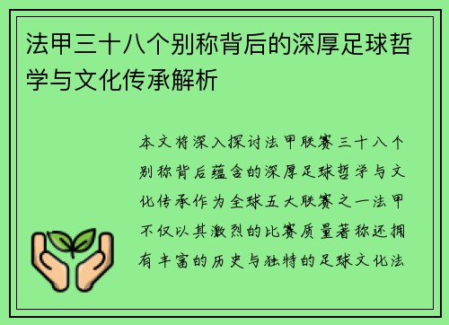 法甲三十八个别称背后的深厚足球哲学与文化传承解析