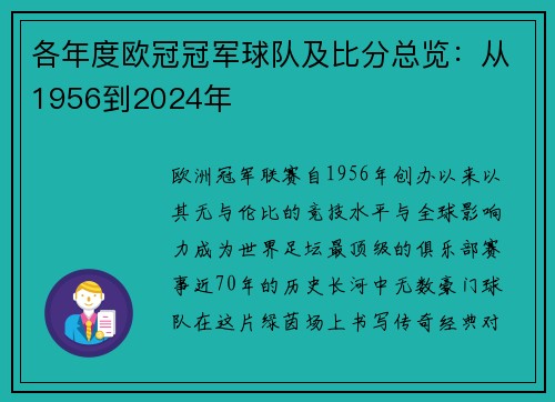各年度欧冠冠军球队及比分总览：从1956到2024年
